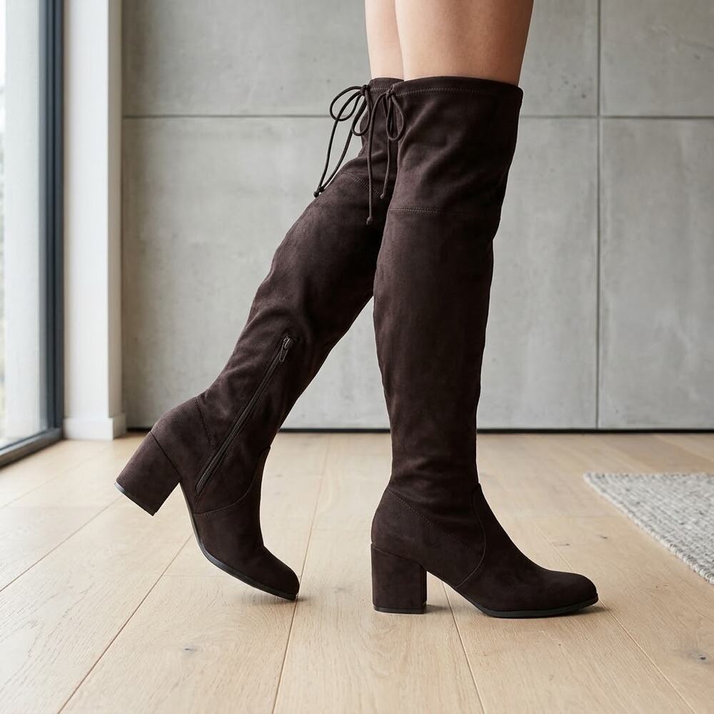 Unisa Boots Women 10 UNDERDRII Over Knee Block Heel Stretch Zip Faux Suede Brown